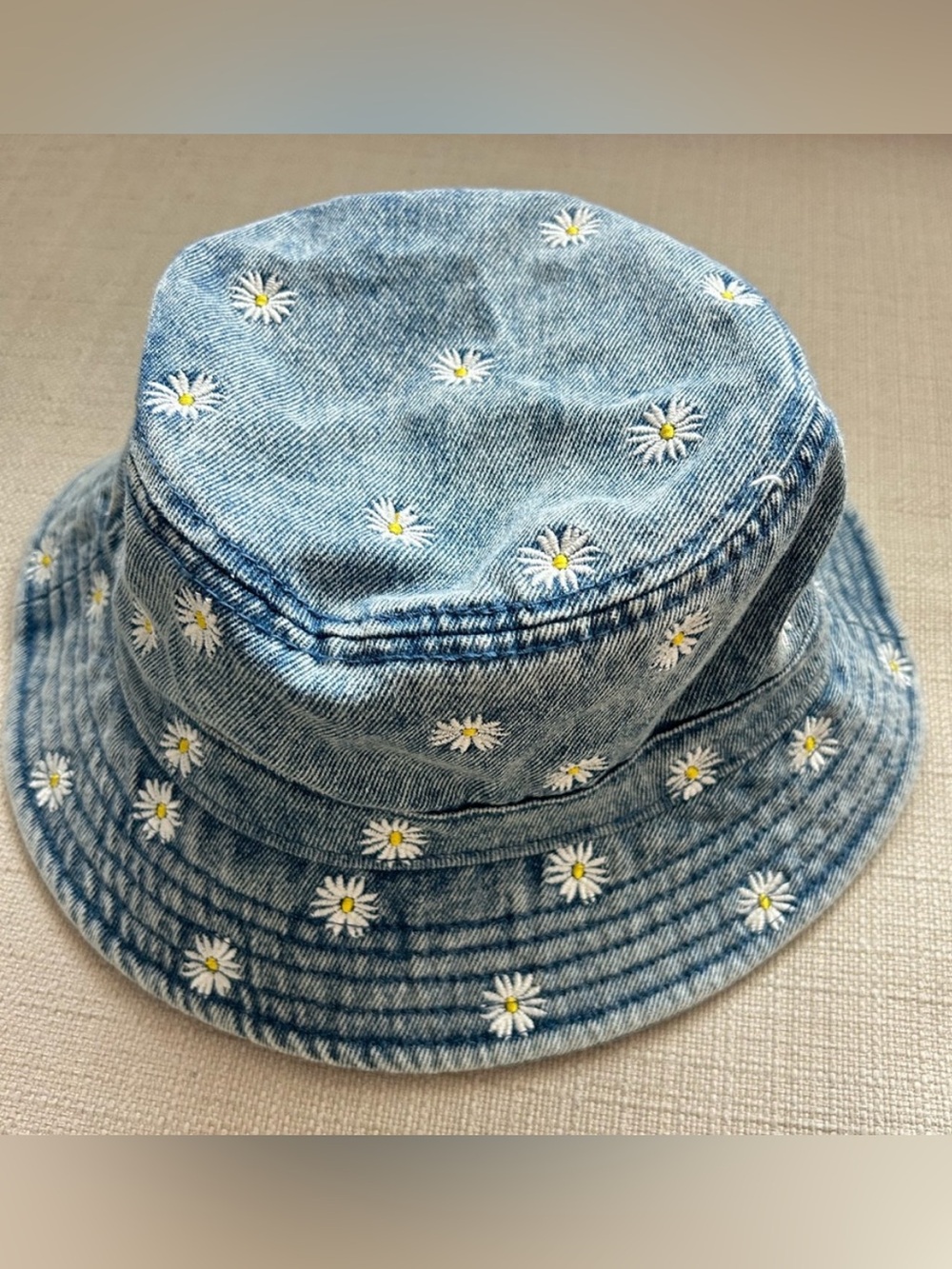 American Eagle Blue Denim Hat with White Daisy Embroidery